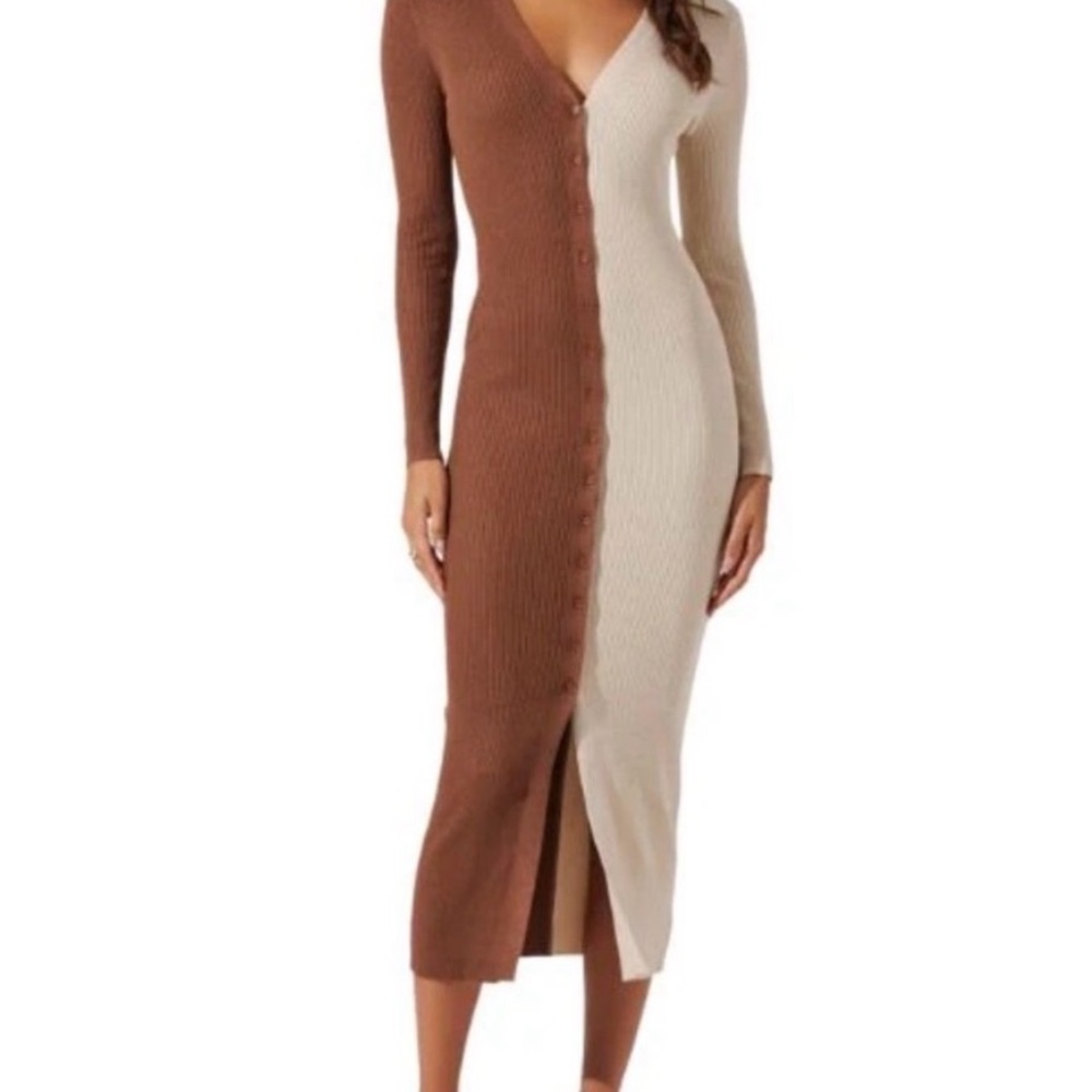 Astr Long Sleeve Brown and Cream Knit Dress